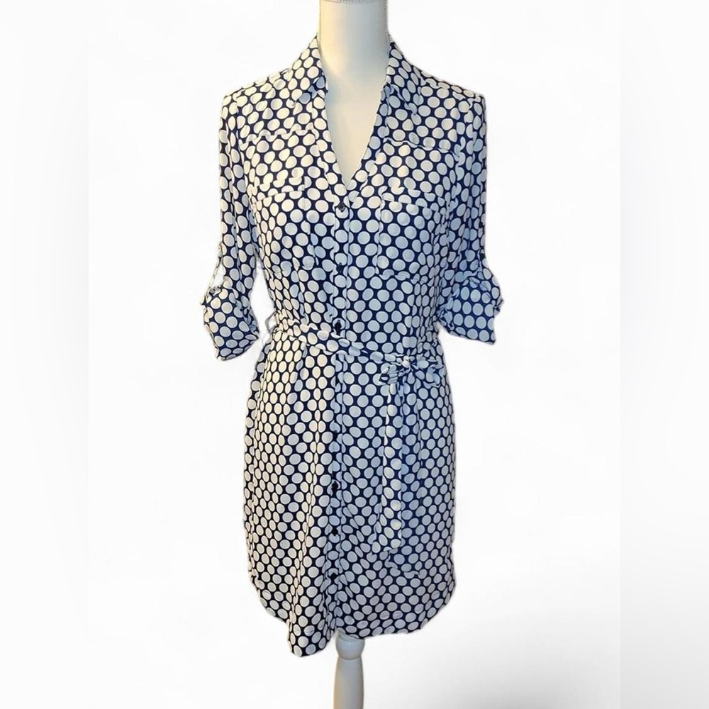 Express Long Sleeve Polka Dot Belted Button-down Dress S